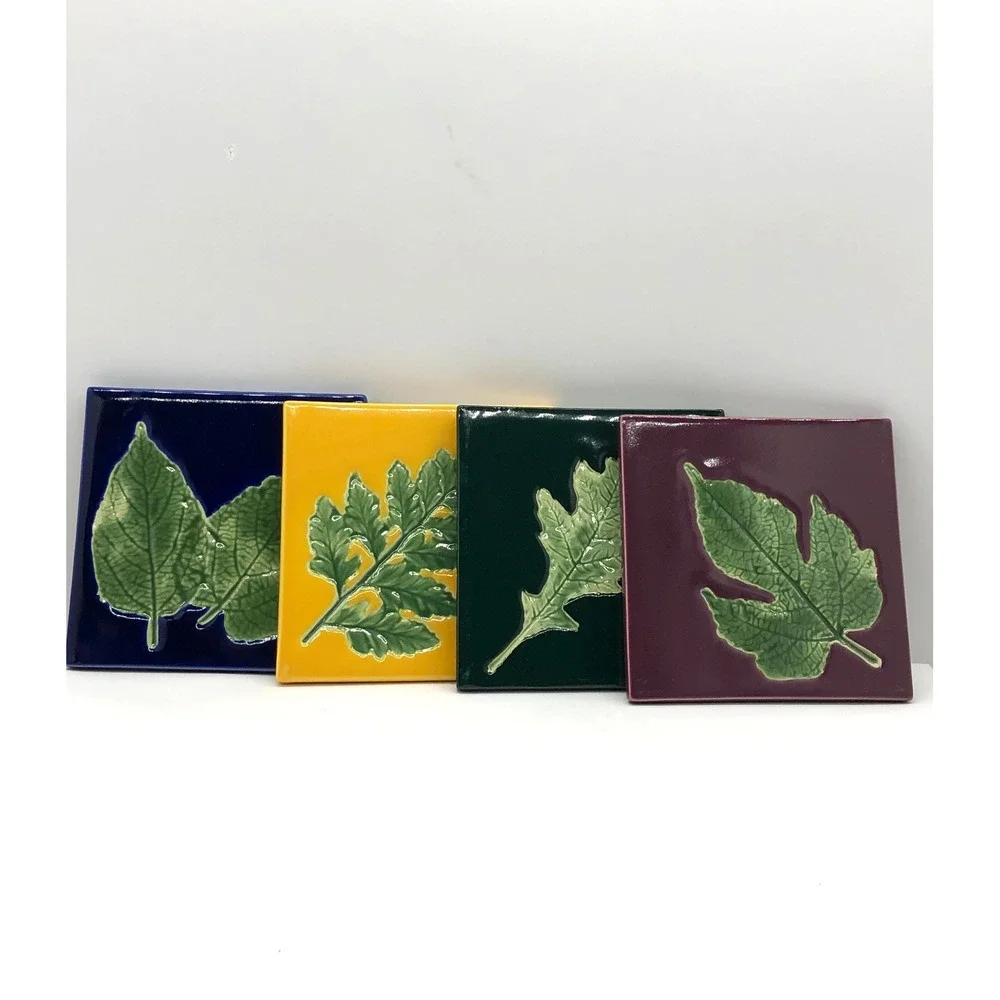 Linens n Things Ceramic Leaf Coaster Set 4 Jewel Tone Embossed Botanical Square